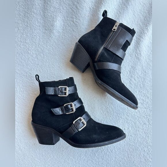 ALLSAINTS Lulu Triple Buckle Ankle Boot size 39 US 9 Black suede leather straps - Picture 2 of 13